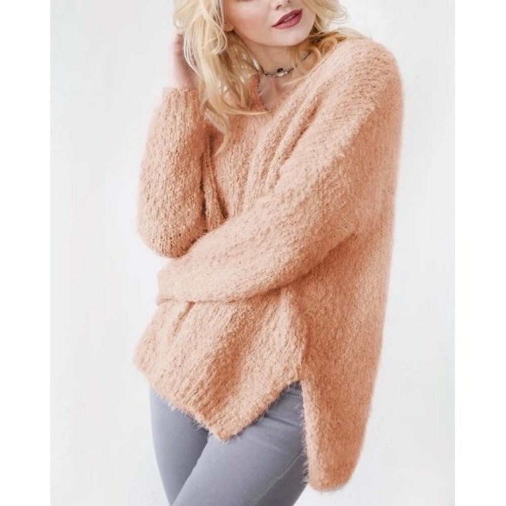 Dreamers by Debut Peach Pink Fuzzy Popcorn Knit V-Neck Sweater C8221 SM